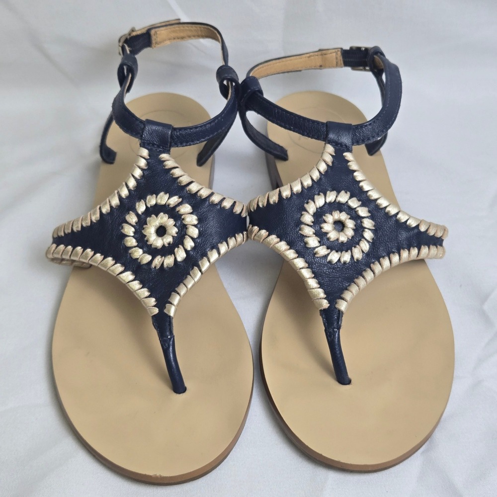 Jack Rogers Maci Slingback Sandals Navy Blue Beige Whipstitching Coastal 6.5M